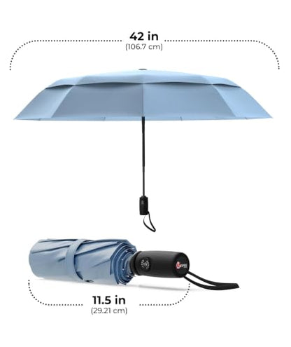 Windproof Travel Umbrella - Compact & Withstands Winds up to 100MPH, Strongest Premium Auto Folding Umbrella for Rain and Sun - Durable, Light & Portable for Women & Men, Fits Backpack & Cars - color: Slate Blue