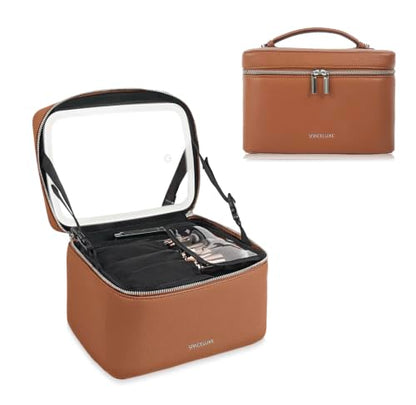 Travel/Daily Makeup Bag/Cosmetic Case with Detachable LED Mirror - color: Caramel Brown