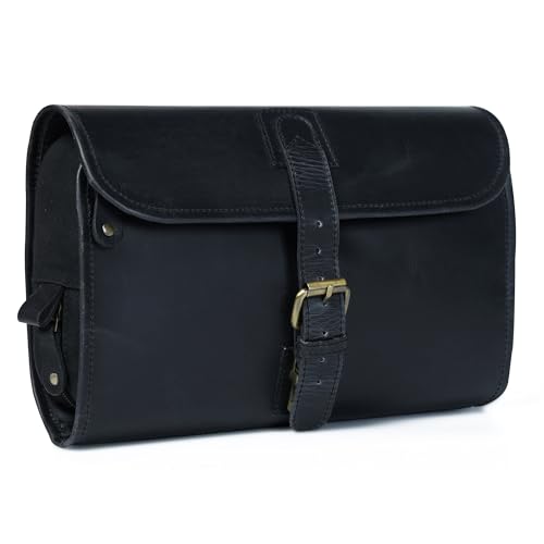 LEATHER VILLAGE Hanging Leather Toiletry Bag for Men, Dopp Kit, Black - color: Black
