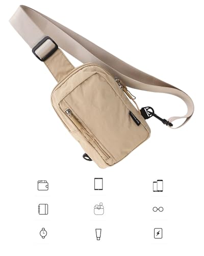 Small Sling Crossbody Bag, Water Resistant Nylon Chest Pack for Travel EDC - color: Beige