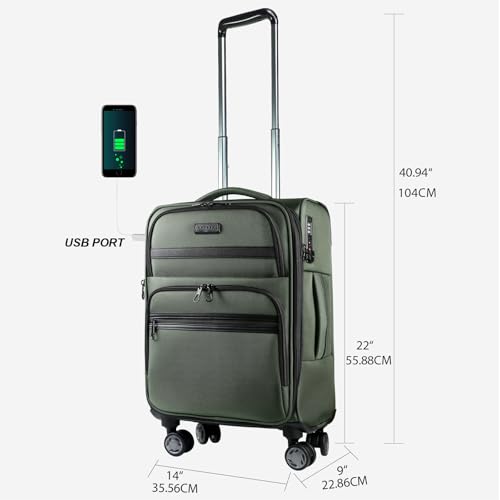 KROSER Softside Expandable Carry On Luggage with Front Business Pockets，20 Inch Suitcases with Spinner Wheels & Built-in TSA Lock, Durable Suitcase Rolling Luggage with USB Port, Army Green - color: Army Green-20, size: 20 inch