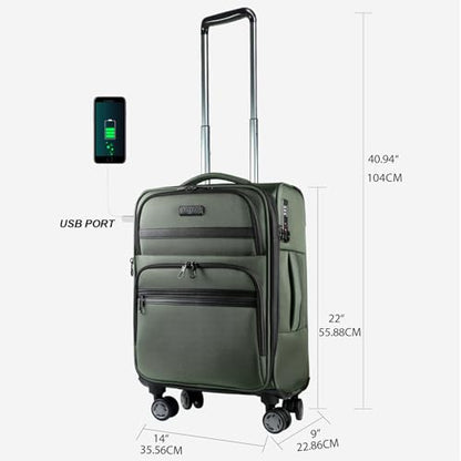 KROSER Softside Expandable Carry On Luggage with Front Business Pockets，20 Inch Suitcases with Spinner Wheels & Built-in TSA Lock, Durable Suitcase Rolling Luggage with USB Port, Army Green - color: Army Green-20, size: 20 inch