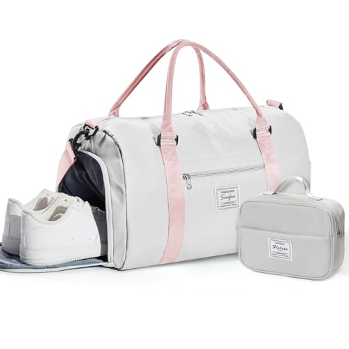 WISEPACK Gym Bag for Womens with Shoes Compartment Travel Duffel Bag - color: B6-Grey Pink