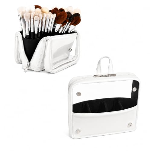 YDR Clear Makeup Brush Bag, High Capacity Stand Up Makeup Brush Holder, Travel Professional Cosmetic Brush Organizer Case, Foldable Makeup Tool Bag for Women and Artists - color: White