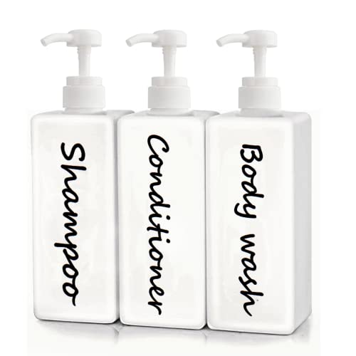 21oz Shampoo and Conditioner Dispenser (Set of 3) Modern Refillable Shampoo Pump Bottles for Shower Soap - Empty Shampoo Conditioner Body Wash Dispenser Set - Stylish Permanent Labels - for Bathroom - color: White