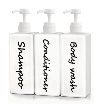 21oz Shampoo and Conditioner Dispenser (Set of 3) Modern Refillable Shampoo Pump Bottles for Shower Soap - Empty Shampoo Conditioner Body Wash Dispenser Set - Stylish Permanent Labels - for Bathroom - color: White