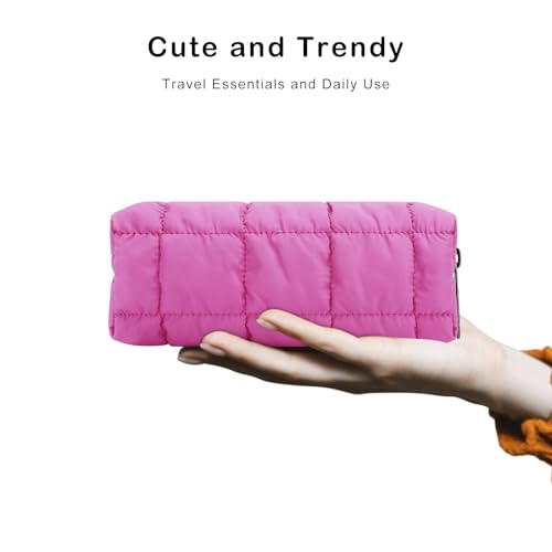 E-Tree Quilted Pencil Case,Makeup Brush Bag,Toiletry Pouch,Hot Pink - color: Hot Pink
