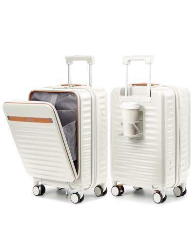 Joyway 20 Inch Carry On Luggage with Front Pocket and Cup Holder, White - color: Beige, size: 20 Inch