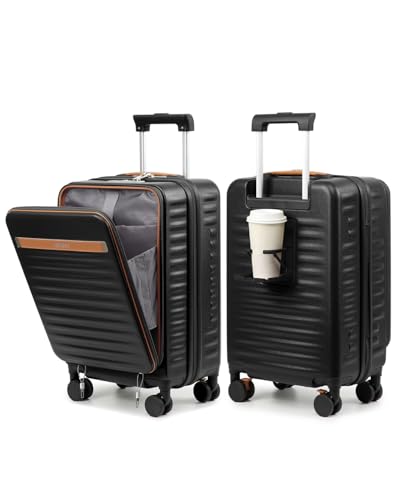 Joyway 20 Inch Carry On Luggage with Front Pocket and Cup Holder, Black - color: Black, size: 20 Inch