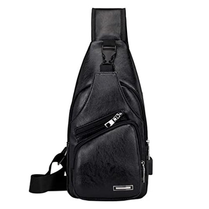 Leather Sling Bag Crossbody Backpack for Men Women Travel Outdoor Camping - color: #21black(pu/Usb)