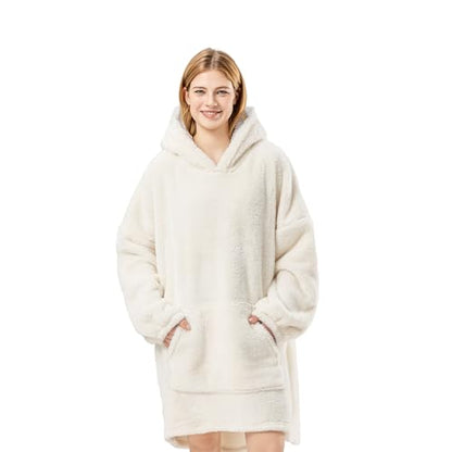 Berkshire Blanket Oversized Wearable Blanket Hoodie – SpaLoft Plush with Hood, Sleeves & Pocket - color: Cream