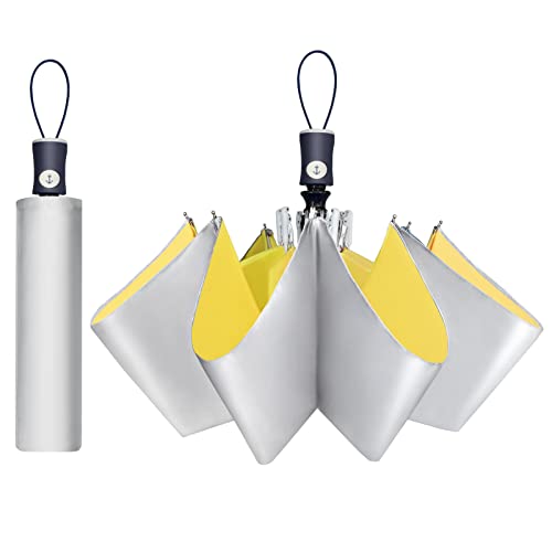 Cuby UV Sun Umbrella Compact Folding Umbrella lightweight Portable Manual Travel Umbrella for Rainproof & 99% UV Protection with Black Anti-UV Coating - color: Silver Yellow