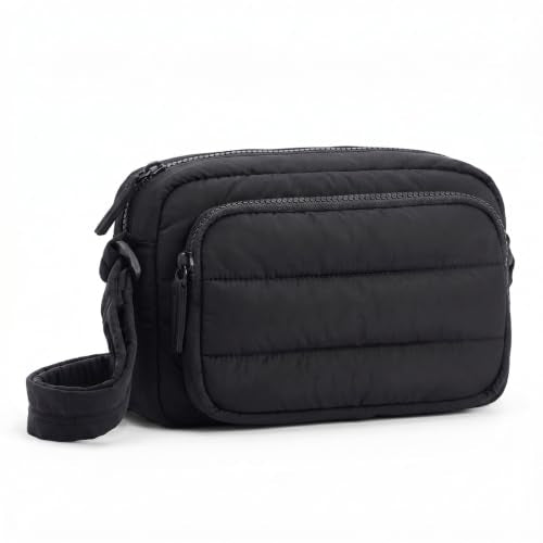 Crossbody Bag for Women, Multi Pockets Puffer Small Shoulder Handbag with RFID Blocking for Travel - color: Black