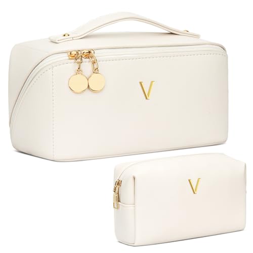 Initial Makeup Bag Personalized Gift for Women Teen Girls - color: Beige, style: V
