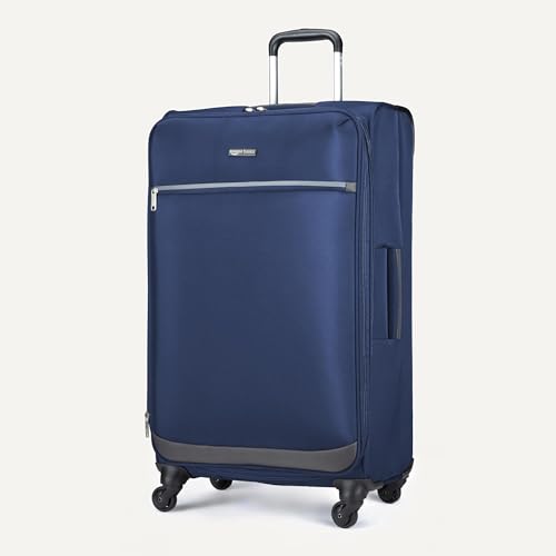 Amazon Basics 28" Large Checked Softside Expandable Suitcase with 360-Degree Multi-directional Spinner Wheels, Zippered Pockets, Telescoping Handle, Spacious, Navy Blue - color: Navy Blue, size: 28″, style: Large Checked