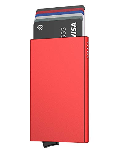 VULKIT Pop Up Wallet, Slim Minimalist Credit Card Holder For Men and Women RFID Blocking Mini Metal Case Red - color: red