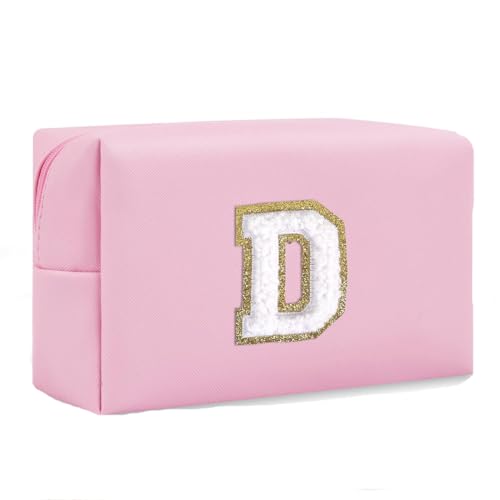 Initial Makeup Bag for Women Gifts, PU Leather Cosmetic Pouch, Pink Style D - color: Pink, style: D