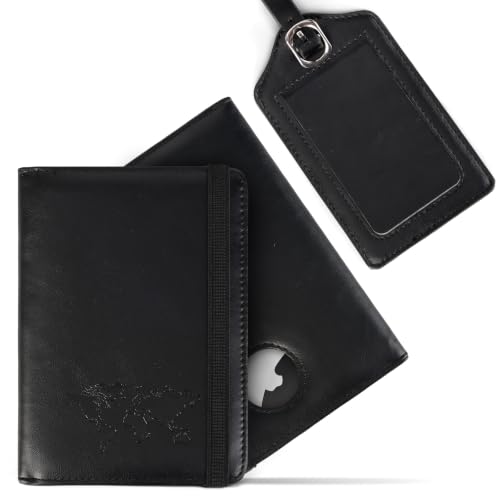 LAVTUG RFID Passport Holder for Travel with AirTag Slot, Luggage Tag, Black | Stay organized on the go with an AirTag slot, RFID-blocking lining, and a matching luggage tag. AirTag not included. - color: Black