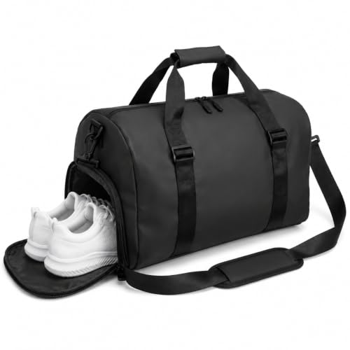Gym Duffel Bag with Shoe Compartment, Water Resistant Travel Bag - color: black