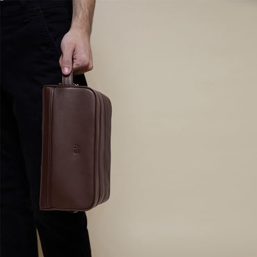 Leatherology Men's Double Zip Toiletry Bag - Full Grain Leather - Brown | Men's Dopp Kit with Dual Compartments, Water-Resistant Lining & Top-Stitched Handle - color: Brown, size: Large