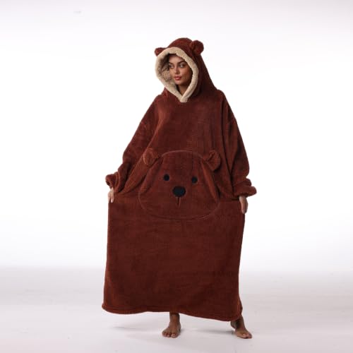 Moinlizy Oversized Wearable Blanket Hoodie for Women Men - color: Brown Bear