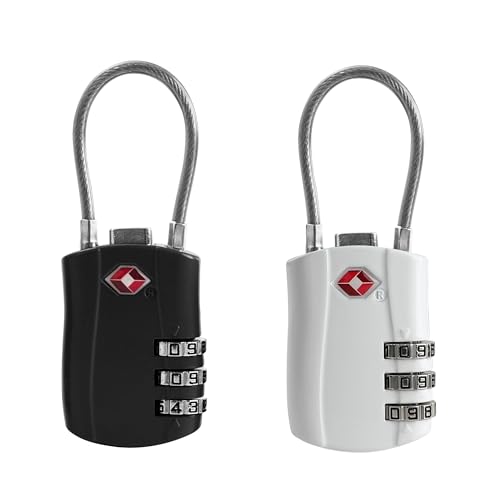 TSA Locks for Luggage, Small Combination Padlock with Cable, Travel Essentials Luggage Locks TSA Approved, Combo Padlock with Code, for Suitcase, Bag, Backpack Zipper, Gym Locker (2-Pack) - color: Black+White