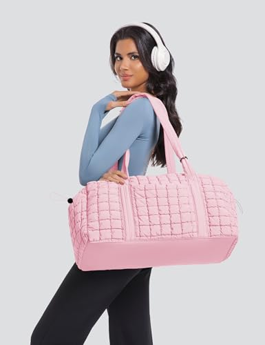 Quilted Travel Duffle Bag Puffer Weekender Bag Overnight Bag Duffel Gym Bag - color: Light Pink