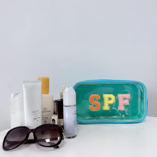 Clear Makeup Letter Bag with Chenille Letter Patch and Glitter SPF for Travel - color: Turquoise-spf