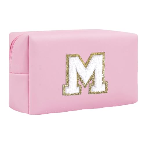 Initial Makeup Bag for Women Gifts, PU Leather Cosmetic Pouch, Pink Style M - color: Pink, style: M