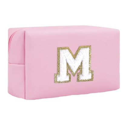 Initial Makeup Bag for Women Gifts, PU Leather Cosmetic Pouch, Pink Style M - color: Pink, style: M
