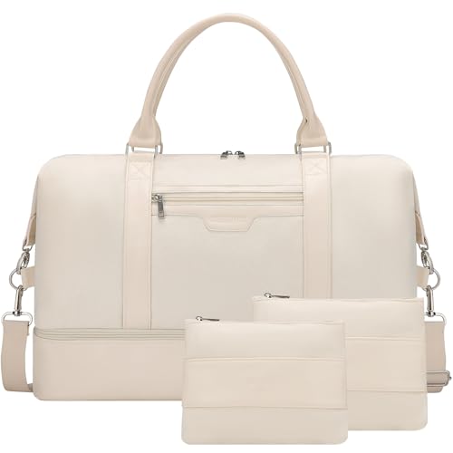 Women's Weekender bag Travel Duffel Bag with Shoe Compartment 21-inch Airline-Approved Carry-On, 2-Piece Overnight Bag Set Personal Item Luggage - color: 3PCSBeige