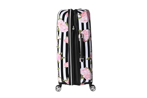Betsey Johnson 26 Inch Checked Luggage Collection - Expandable Scratch Resistant (ABS + PC) Hardside Suitcase - Designer Lightweight Bag with 8-Rolling Spinner Wheels (Stripe Roses) - color: Stripe Roses