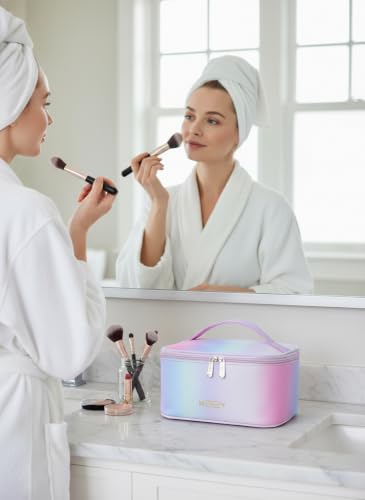 Gradient Travel Makeup Bag for Women, PU Leather Cosmetic Bag, Rainbow Pink - color: RAINBOW PINK