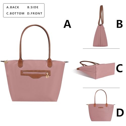 Waterproof Nylon Tote bag for Women Lightweight Designer Handbag with Zipper Stylish and Durable Purse - color: Pink, size: Medium