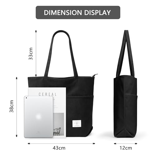 KALIDI Women Corduroy Tote Bag Zipper Casual Tote's Handbag Big Capacity Shoulder Bag with Pockets - color: D-black