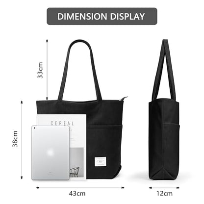 KALIDI Women Corduroy Tote Bag Zipper Casual Tote's Handbag Big Capacity Shoulder Bag with Pockets - color: D-black