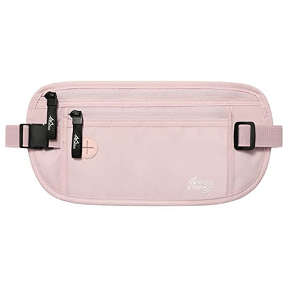MoKo Travel Money Belt with RFID Blocking, 3 Pockets, Pink - color: Pink, size: Waist for 28"-50"