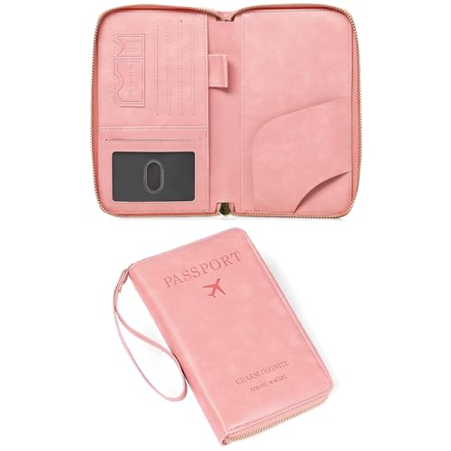 Leather RFID Blocking Passport Holder Travel Wallet, Passport Cover/Travel Wallet for Women/Men with - color: Light Pink