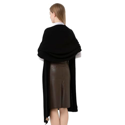 100% Cashmere Wrap Warm Soft Knitted Scarf Stole for Women Airplane Travel Blanket 87x28 in Extra Large Pashmina - color: Black