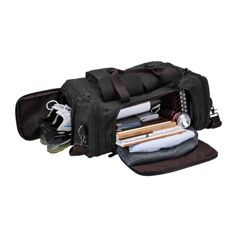 Waxed Canvas Duffel Bag with Shoe Compartment | Waxed Canvas Travel Bag for Men, Genuine Leather Trim, Shoe Compartment, Front Pockets, Weekend, Overnight and Carry-On Use - color: Black