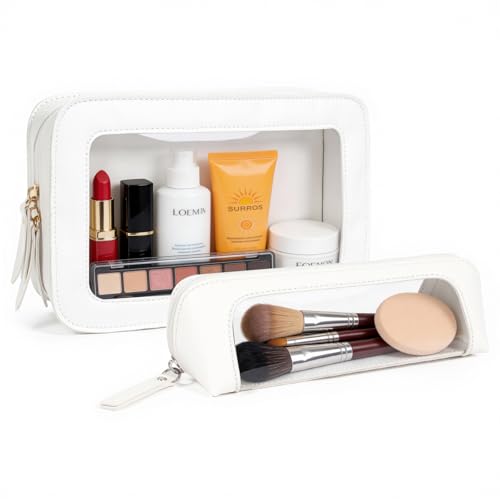 LETGO 2Pack Clear Makeup Bags Set, Small Clear Makeup Bag, PU Leather Travel Makeup Brush Case Portable Transparent Waterproof Cosmetic Organizer Pouch with Zipper for Women(2Pack-White Set) - color: 2Pack-White Set