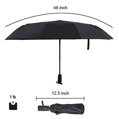 2 PACK Automatic Auto Open Close Large Canopy Umbrella - 10 Rib STRONG Reinforced Windgard WINDPROOF Frame With Fiberglass - Compact Portable Lightweight Travel Umbrella (2 PACK Black)