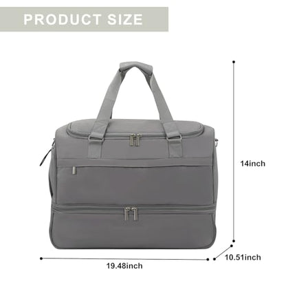 Travel Duffle Bag for Women, Carry-On Weekender with Shoe Compartment - color: Medium Gray