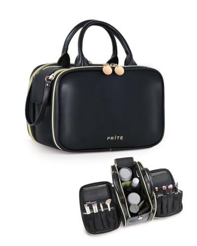 Prite Large Makeup Bag, Waterproof Travel Cosmetic Case with Brush Holder - color: Black, size: Large