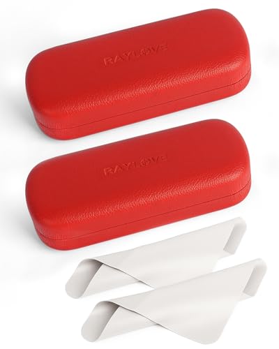 RayLove Glasses Case Hard Shell Eyeglass Case with Cleaning Cloth, PU Leather Protective Eye Glass Cases Fits Most Sunglasses - color: Red Red