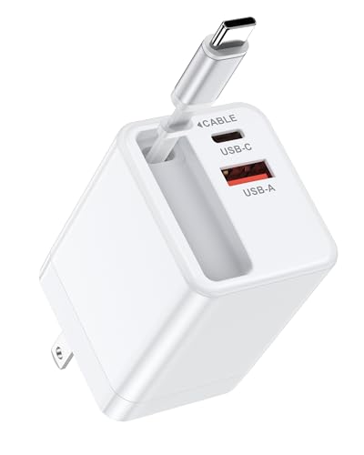 35w Retractable iPhone Wall Charger USB C, 3-in-1 Fast Charging Bloc | Built-In Retractable Cable, Usb-C & Usb-A Multi Ports, Foldable Plug Travel Ac Power Adapter For Apple 17e 17 Pro 16e 16 15 - color: Retractable Wall Charger-White