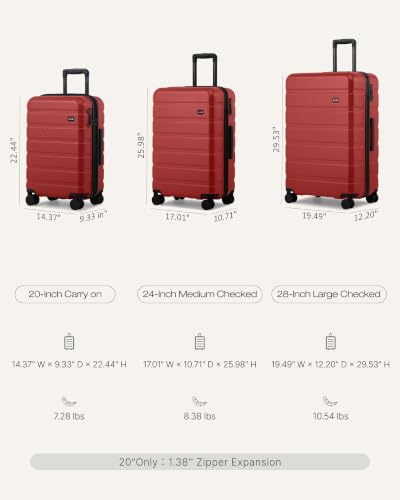 Coolife Luggage Set, Lightweight Durable Hardshell, 3 piece, Deep Red - color: Deep Red