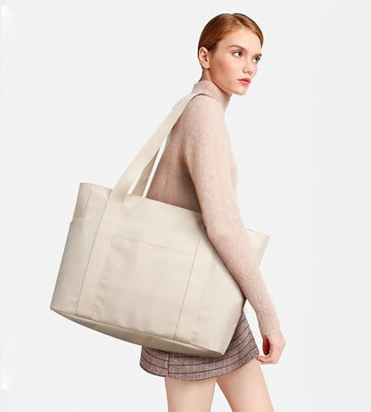 WLLWOO Large Tote Bag, 14” Laptop Work Travel Bag with Trolley Sleeve - color: Beige