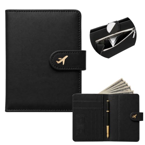 RFID Passport Holder with Tracker Slot, Leather Travel Wallet - color: Black