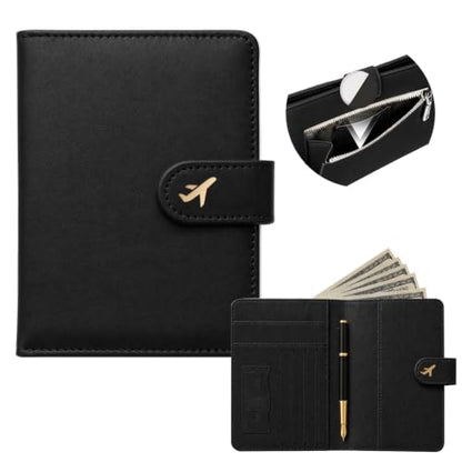 RFID Passport Holder with Tracker Slot, Leather Travel Wallet - color: Black